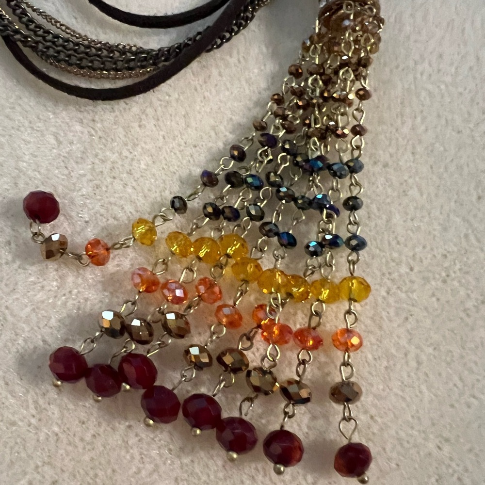 Pendant Long Necklace Tassel Crystals and Leather